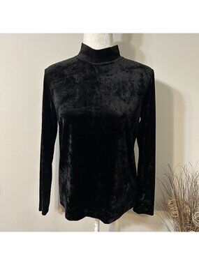 EUC CL Carole Little Women Mock Neck Black Velour Velvet Top Long Sleeve Sz M